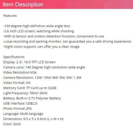 2.6" DVR Camera & Cam Recorder For Vehichle, Motion Detection. G-Sensor, Night Vision