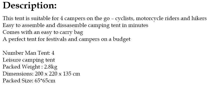 4 Man Tent in Zipper Bag - Lightweight & Easy to Install (200 X 220 X 135 cm)