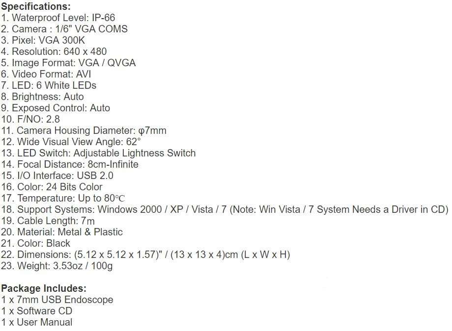 Waterproof USB Inspection HD Endoscope Video Camera With 6 LED's, 7 Meters Long