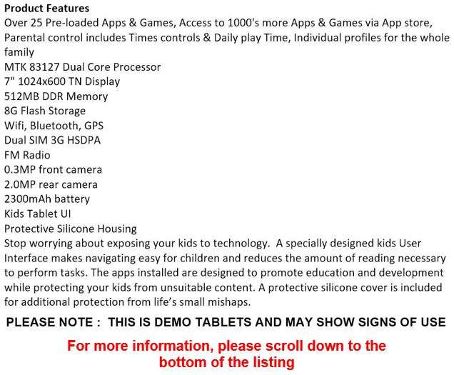 7" Children's Demo Tablet, Android 4.4, Pre-loaded Educational Apps & Games, Dual Cameras, Cover etc