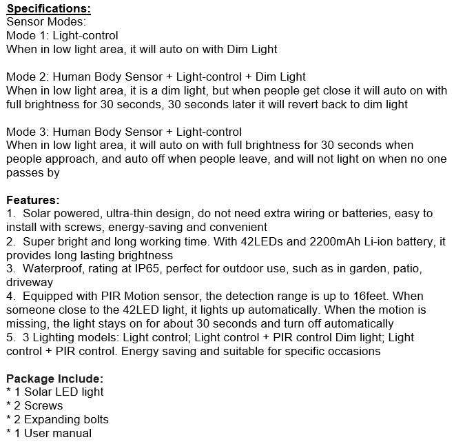 42 LED SOLAR Street & Garden Light, PIR, Motion Sensor, Waterproof with 3 modes