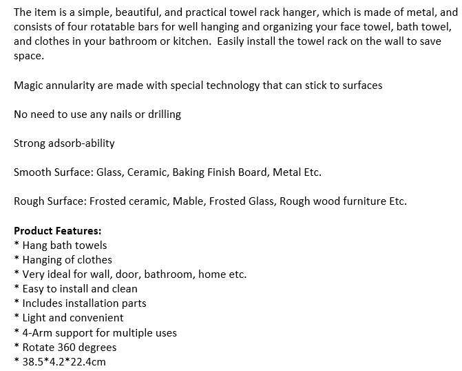 Practical Metal Towel Rack Hanger With 4 Rotatable Bars - Easy to Install, No Nails or Drilling