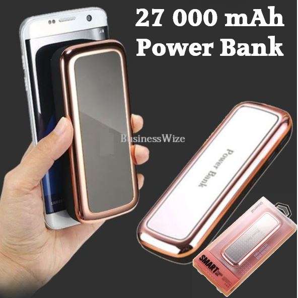27 000 mAh Mirror Power Bank with 2 USB Ports for Charging of Electronic Devices, LED Flashlight