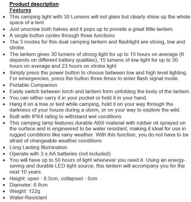 Foldable 2 in 1 LED Flash Light & Lantern with 3 lightning modes, Light weight and easy to operate