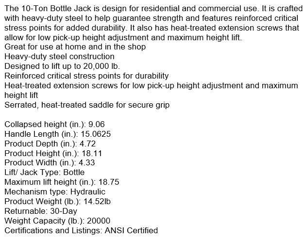 Heavy-duty Steel 10 Ton Hydraulic Jack for Residential and Commercial Use