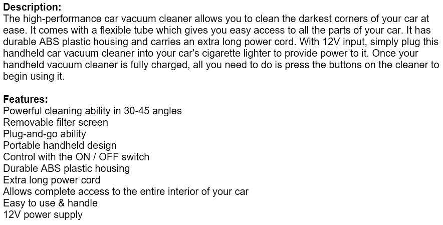 Portable High-Performance Car Vacuum Cleaner with 12V input