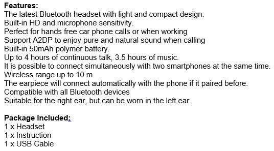 Bluetooth 4.0 Earpiece, Perfect for Hands free Calls and Listening to Music - Light & Compact Design