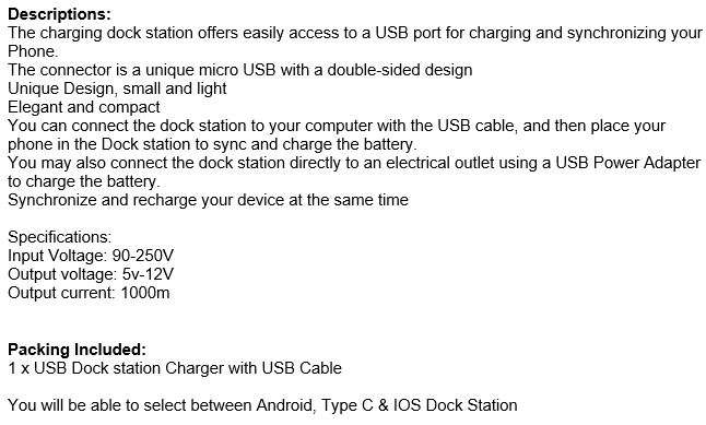 Micro USB Desktop Charger Dock Station & Sync Adapter for Smart Phones, Android, Type C or IOS