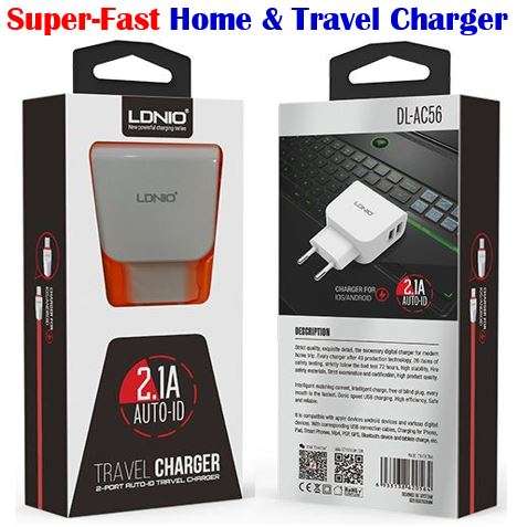 High Quality LDNIO Dual USB Current Protection Output 5V-2.1A Travel Charger for IOS