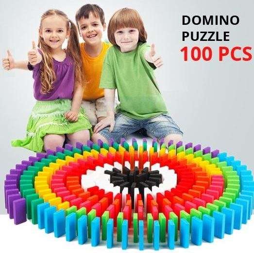 100 Piece Multi-Coloured Wooden Domino Building Block Set - Encourage Problem-Solving Skills