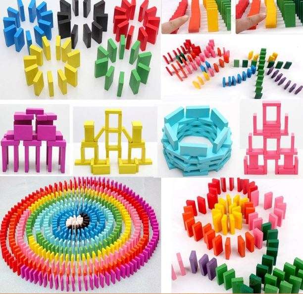100 Piece Multi-Coloured Wooden Domino Building Block Set - Encourage Problem-Solving Skills