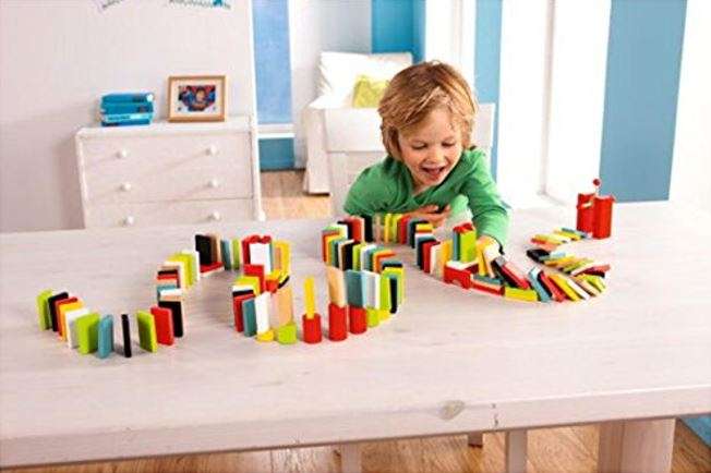 100 Piece Multi-Coloured Wooden Domino Building Block Set - Encourage Problem-Solving Skills