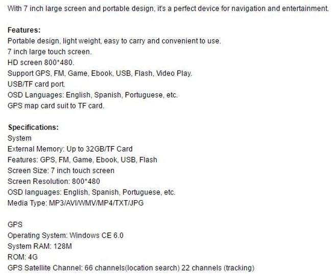 7" HD Touch Screen GPS Navigation - 4GB, FM, MP3, Video Player - IGO SA Maps