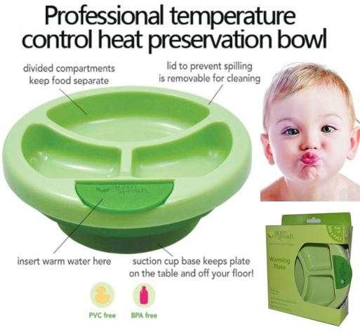 Non-slip suction warming plate, divided Compartments - BPA, PVC and Pthalate Free
