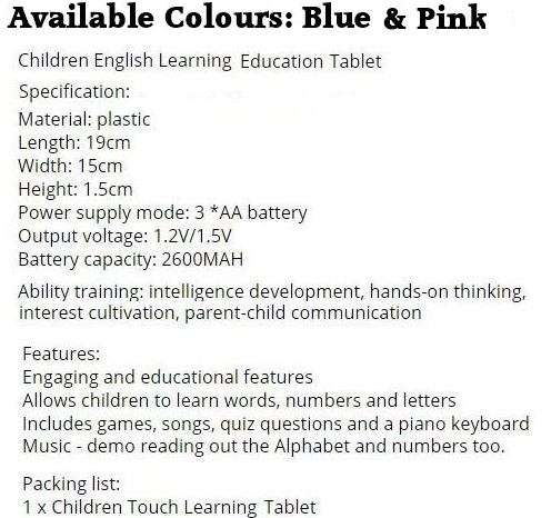 Children's Touch Learning Education Y-Pad Tablet With Music, Words, Numbers, Questions...