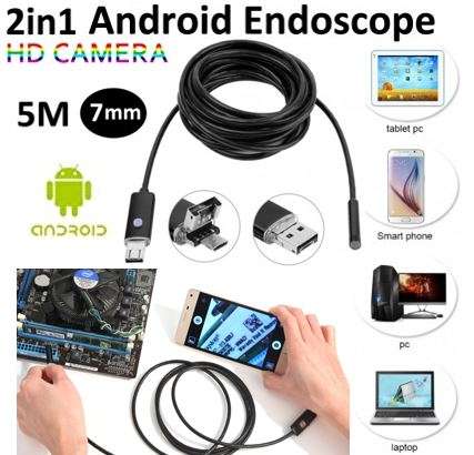 2 in 1 Android Endoscope - Waterproof HD Video Camera, 6 LED's, 5 Meters, Light, Magnetic Hook etc