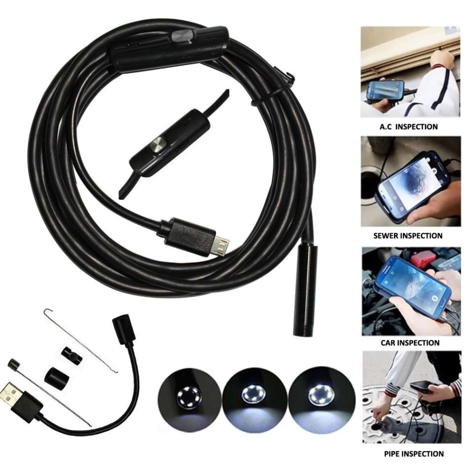 2 in 1 Android Endoscope - Waterproof HD Video Camera, 6 LED's, 5 Meters, Light, Magnetic Hook etc