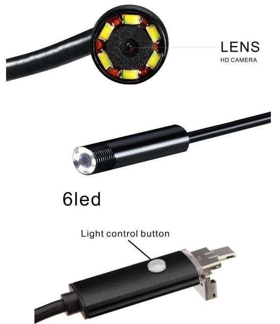 2 in 1 Android Endoscope - Waterproof HD Video Camera, 6 LED's, 5 Meters, Light, Magnetic Hook etc