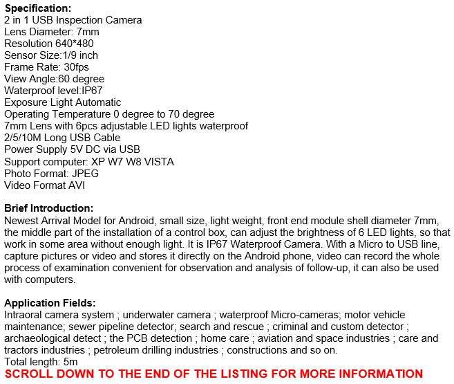 2 in 1 Android Endoscope - Waterproof HD Video Camera, 6 LED's, 5 Meters, Light, Magnetic Hook etc