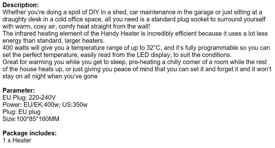 400W Wall Outlet Handy Heater - Set temperature up to 32°C, LED Display, Timer & Speed Settings