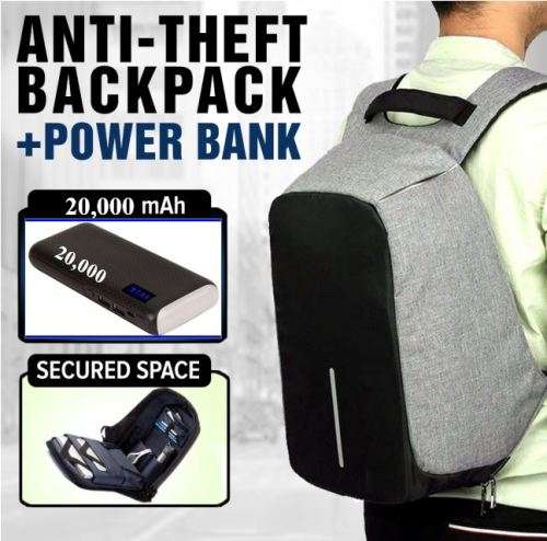 Anti-Theft USB Backpack PLUS 20,000 mAh 2 USB LED Display Power Bank with Flash Light
