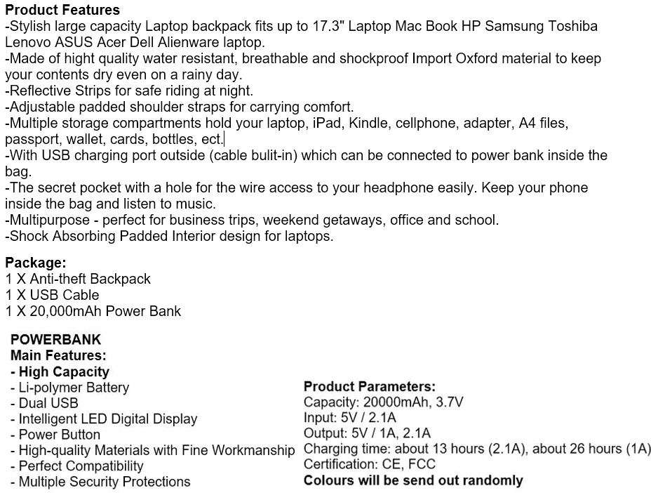 Anti-Theft USB Backpack PLUS 20,000 mAh 2 USB LED Display Power Bank with Flash Light