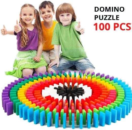 100 Piece Multi-Coloured Wooden Domino Building Block Set - Encourage Problem-Solving Skills