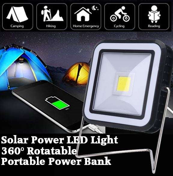 COB LED Solar Power Rechargeable Light & POWER BANK for Charging of Devices, Rotate 360 Degrees