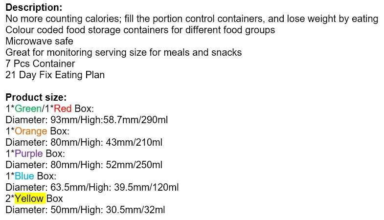 7 Piece Perfect Portions Food Containers PLUS 21 Day Eating Plan - Easy Way To Lose Weight