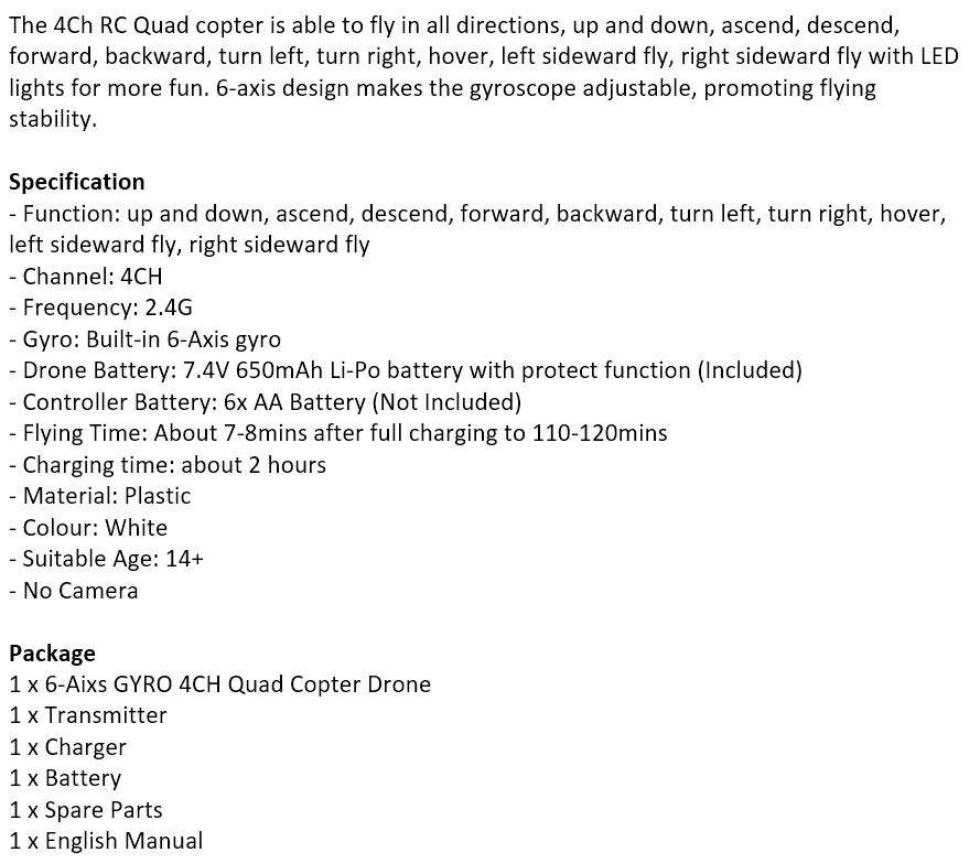 6-Aixs GYRO Remote Control 4CH Drone With LED Lights