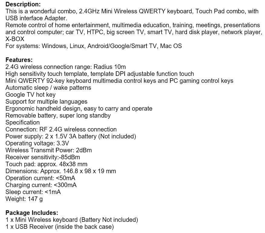 2.4GHz Mini Wireless QWERTY Keyboard, Touch Pad Combo with USB Interface Adapter