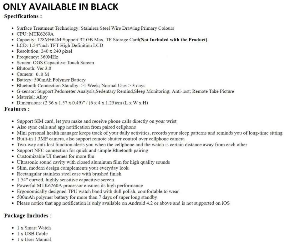 Smart Watch Phone, SIM CARD, Bluetooth, Camera, Sleep Monitor, SD Card, Pedometer etc.