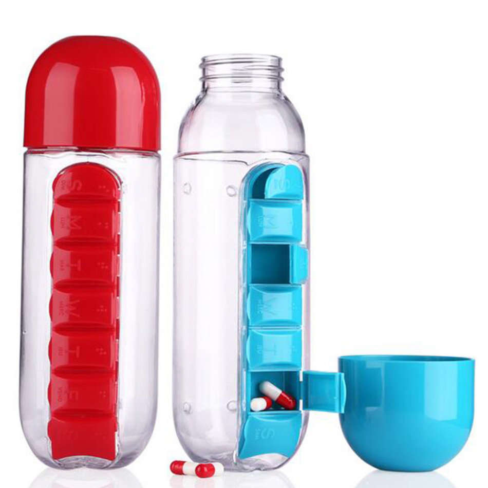 Water Bottle With Build-in Daily Pill & Vitamin Organizer - 7 Compartments for each day of the week