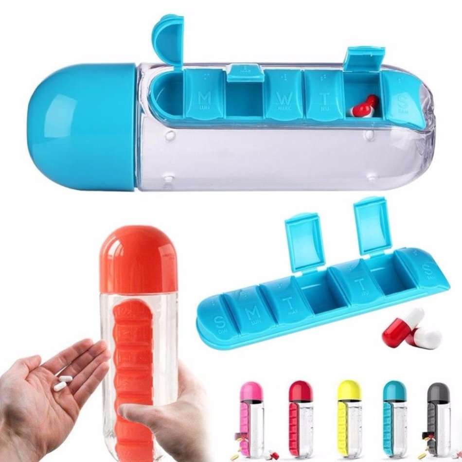 Water Bottle With Build-in Daily Pill & Vitamin Organizer - 7 Compartments for each day of the week