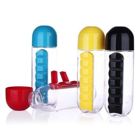 Water Bottle With Build-in Daily Pill & Vitamin Organizer - 7 Compartments for each day of the week