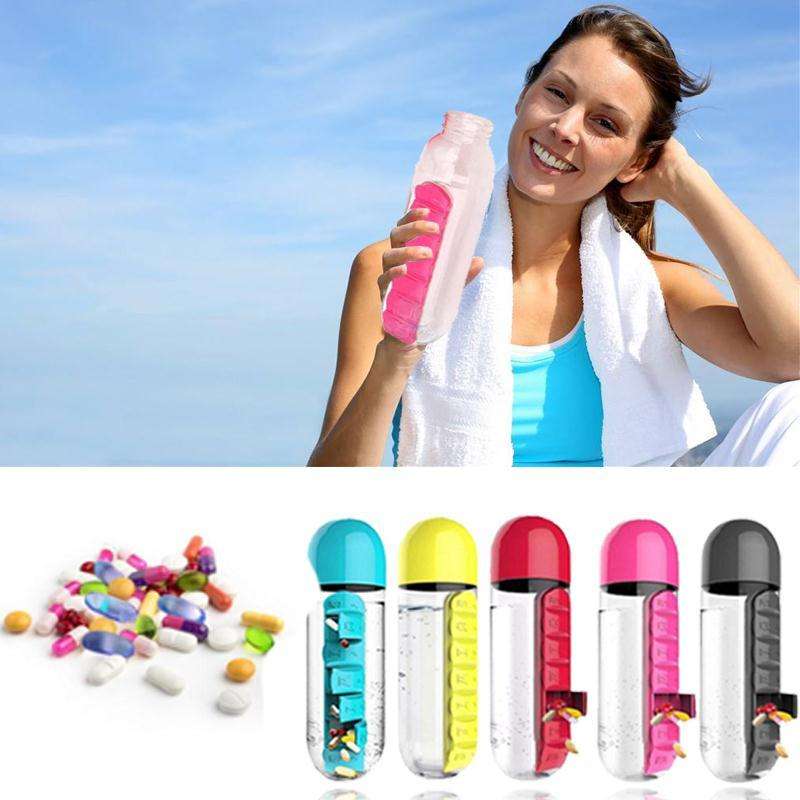 Water Bottle With Build-in Daily Pill & Vitamin Organizer - 7 Compartments for each day of the week