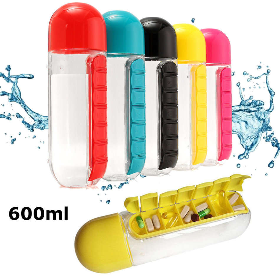 Water Bottle With Build-in Daily Pill & Vitamin Organizer - 7 Compartments for each day of the week