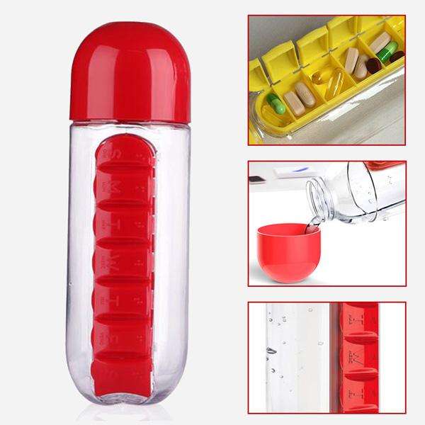 Water Bottle With Build-in Daily Pill & Vitamin Organizer - 7 Compartments for each day of the week