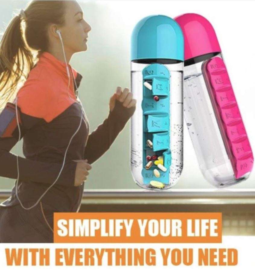 Water Bottle With Build-in Daily Pill & Vitamin Organizer - 7 Compartments for each day of the week