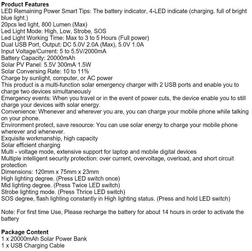 20,000mAh Dual USB SOLAR Power Bank with 20 LED Flash Light for all Your Outdoor Activities