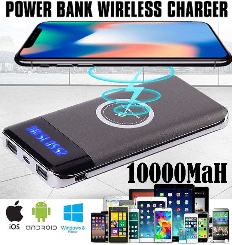 10000mAh Dual USB Power Bank & Wireless Charger for all QI Compatible Devices with LED Display