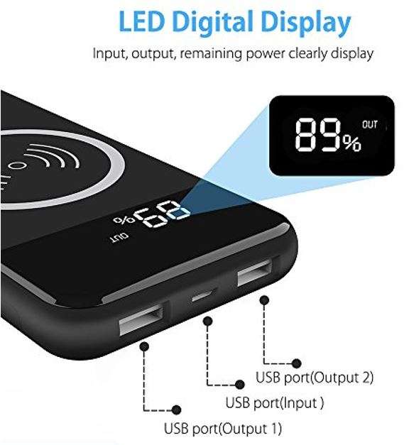 10000mAh Dual USB Power Bank & Wireless Charger for all QI Compatible Devices with LED Display