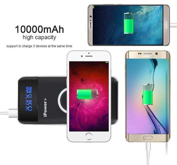 10000mAh Dual USB Power Bank & Wireless Charger for all QI Compatible Devices with LED Display