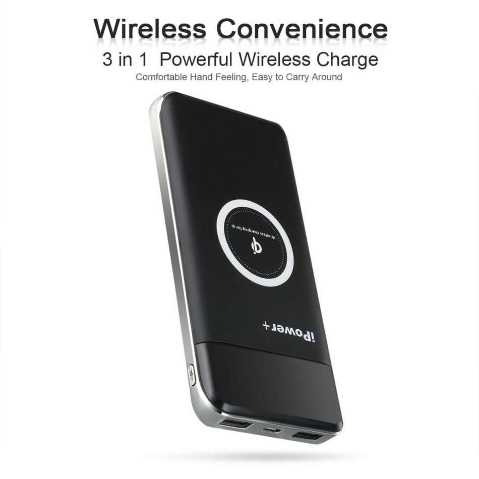 10000mAh Dual USB Power Bank & Wireless Charger for all QI Compatible Devices with LED Display