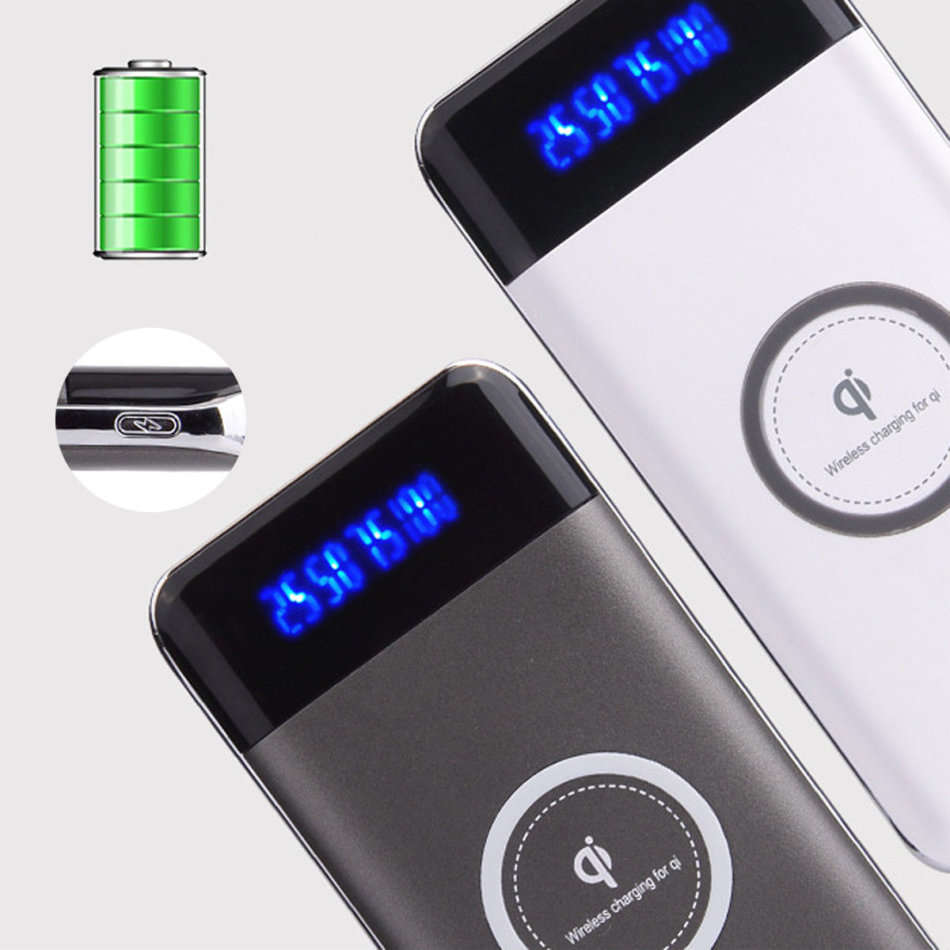 10000mAh Dual USB Power Bank & Wireless Charger for all QI Compatible Devices with LED Display