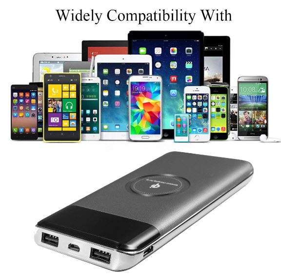 10000mAh Dual USB Power Bank & Wireless Charger for all QI Compatible Devices with LED Display