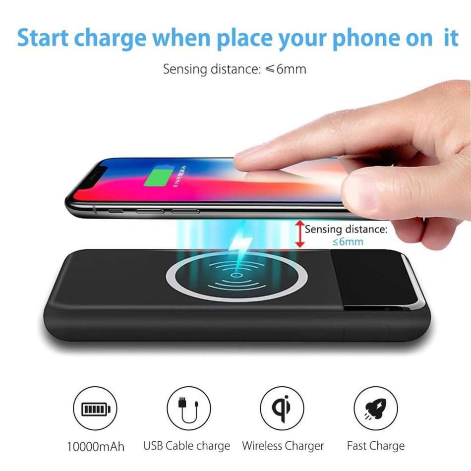 10000mAh Dual USB Power Bank & Wireless Charger for all QI Compatible Devices with LED Display