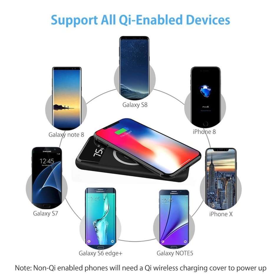 10000mAh Dual USB Power Bank & Wireless Charger for all QI Compatible Devices with LED Display
