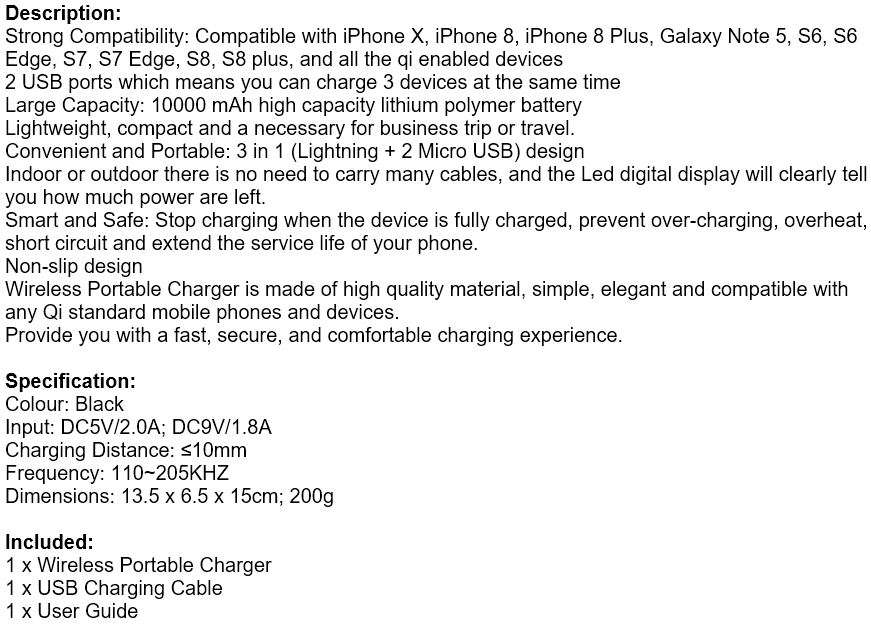 10000mAh Dual USB Power Bank & Wireless Charger for all QI Compatible Devices with LED Display