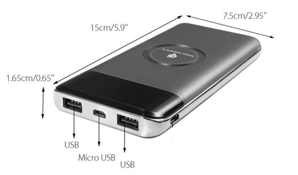 10000mAh Dual USB Power Bank & Wireless Charger for all QI Compatible Devices with LED Display